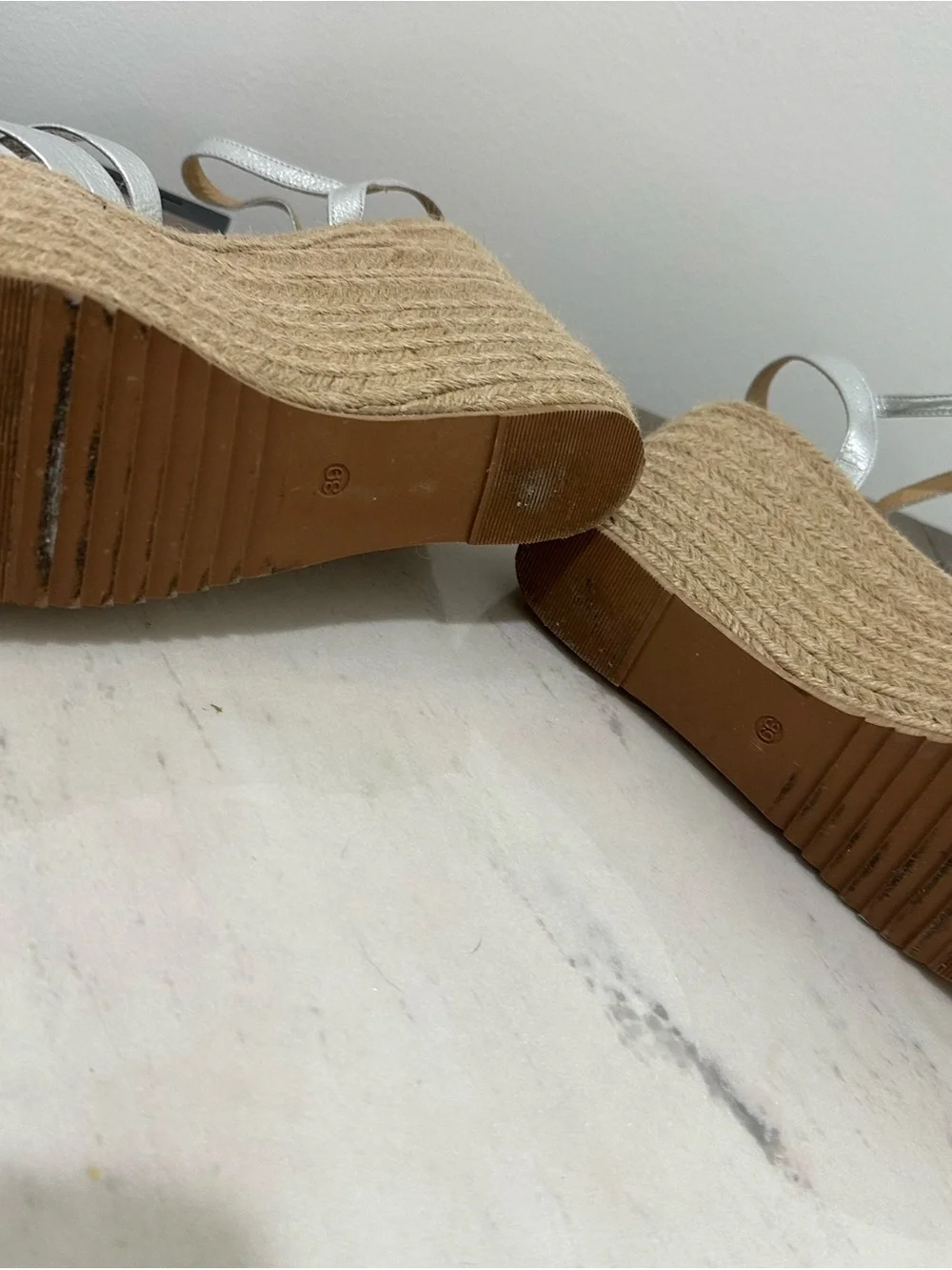 Metallic Silver Woven Espadrille Platform Wedge Sandals